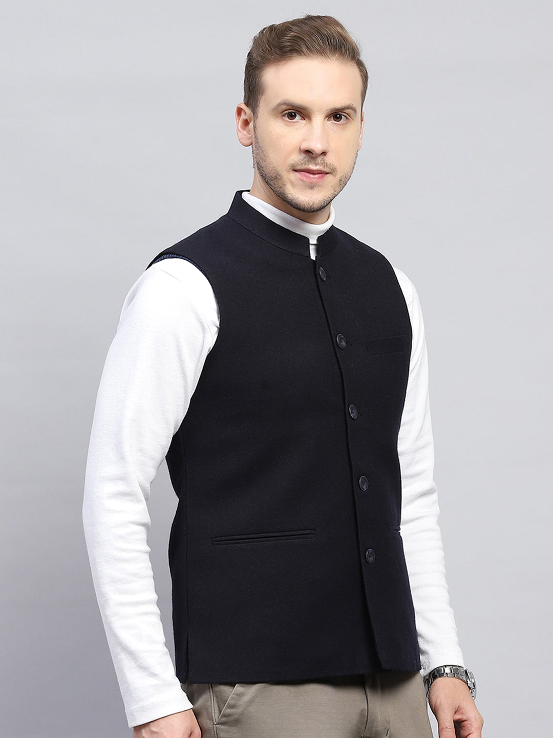 Men Navy Blue Solid Band Collar Sleeveless Coat