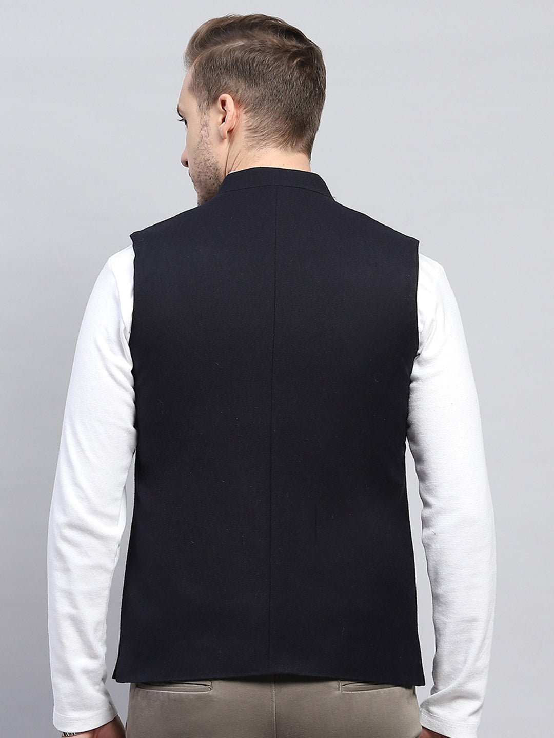 Men Navy Blue Solid Band Collar Sleeveless Coat