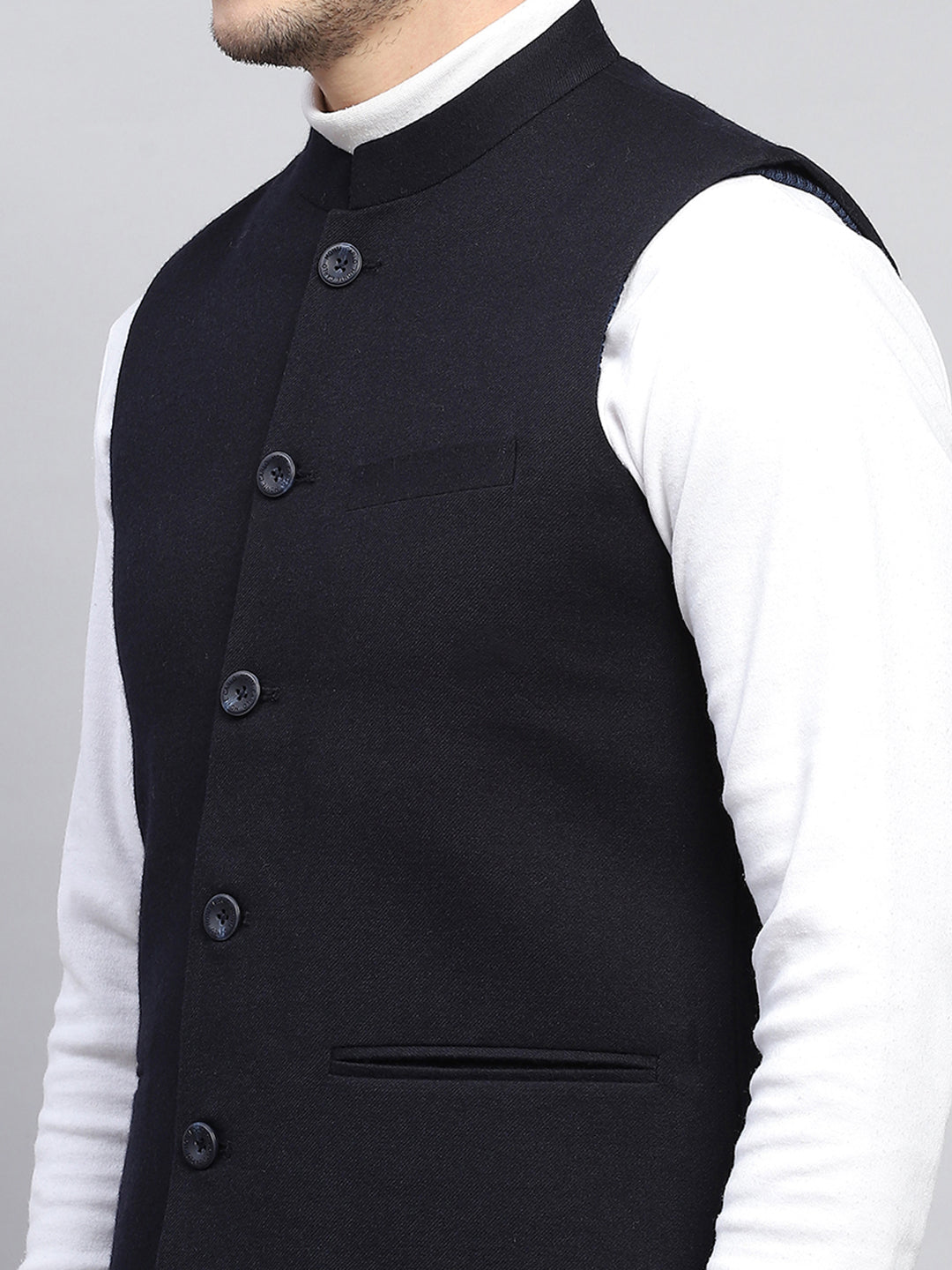 Men Navy Blue Solid Band Collar Sleeveless Coat