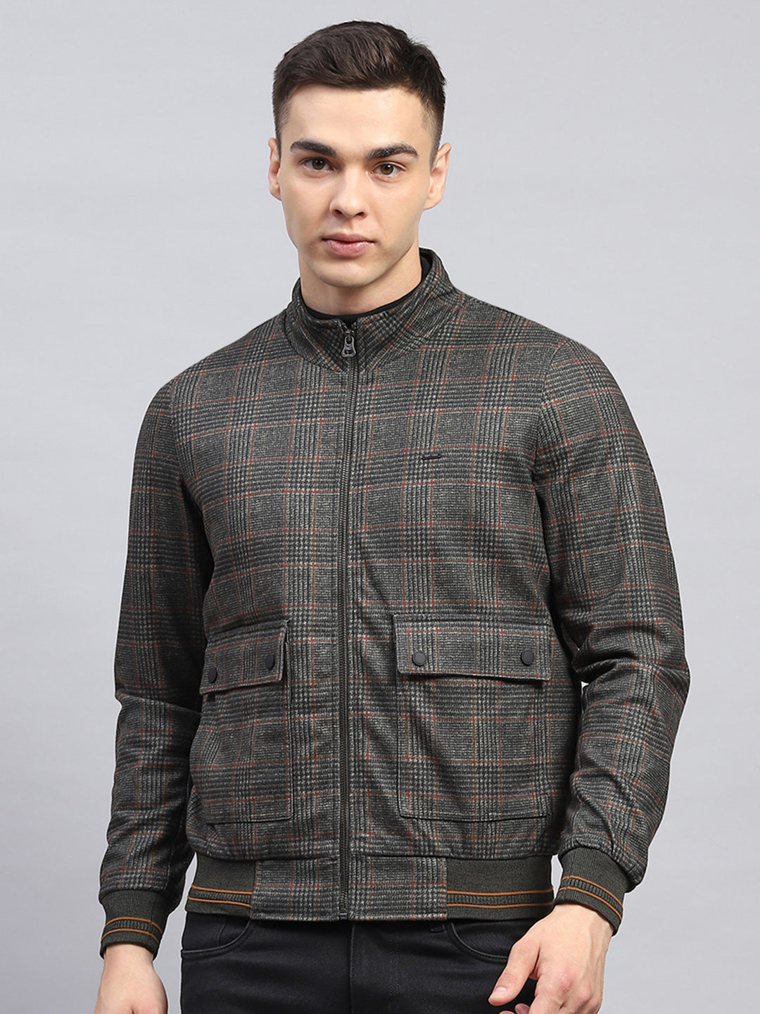 Men Olive Check Mock Neck Full Sleeve Jacket