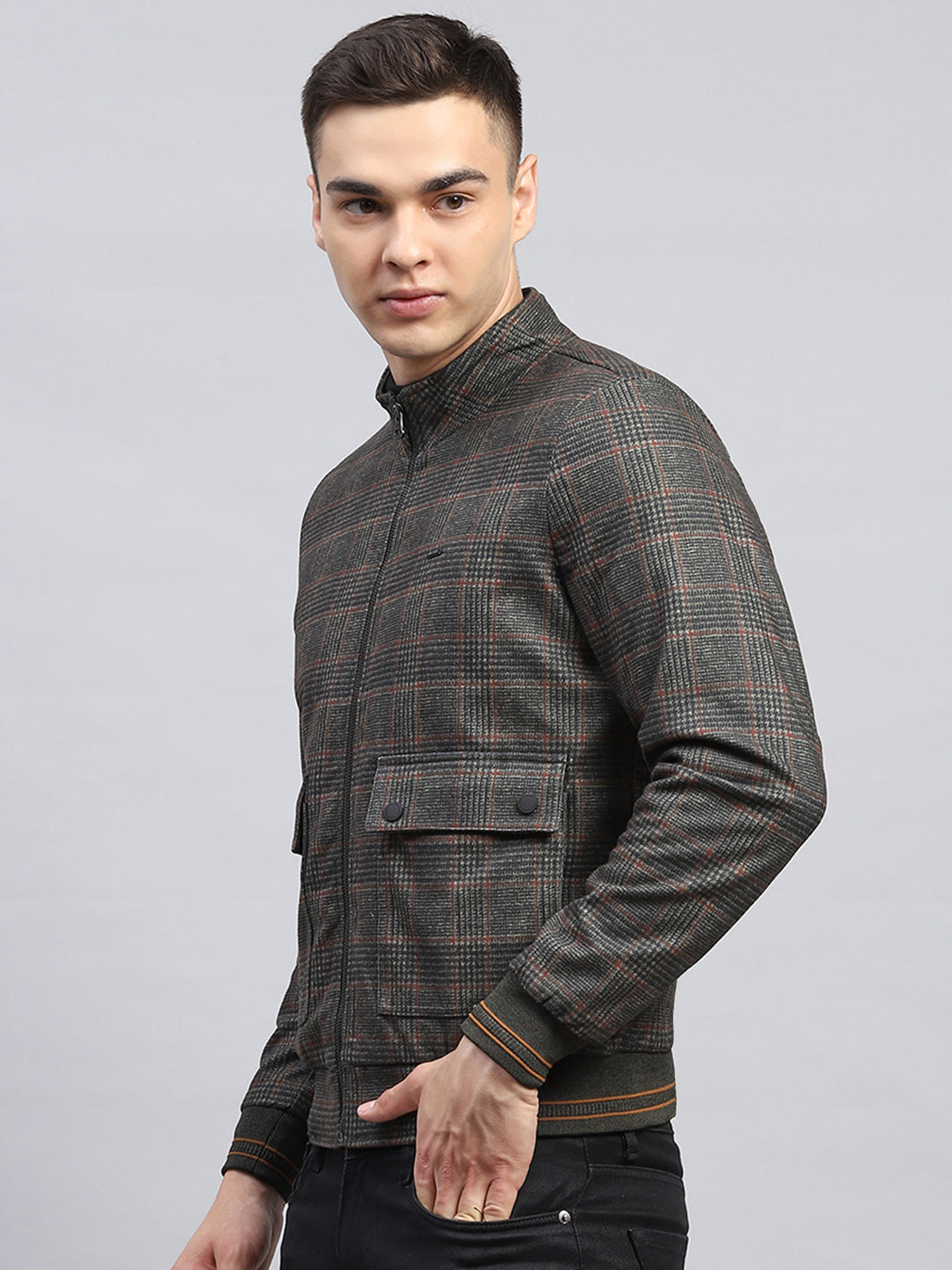 Men Olive Check Mock Neck Full Sleeve Jacket