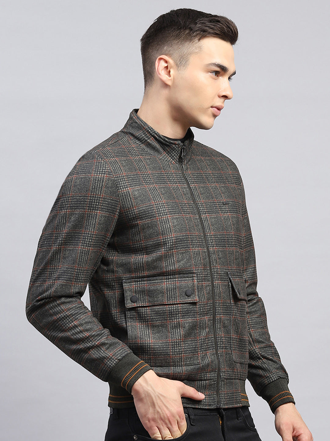 Men Olive Check Mock Neck Full Sleeve Jacket