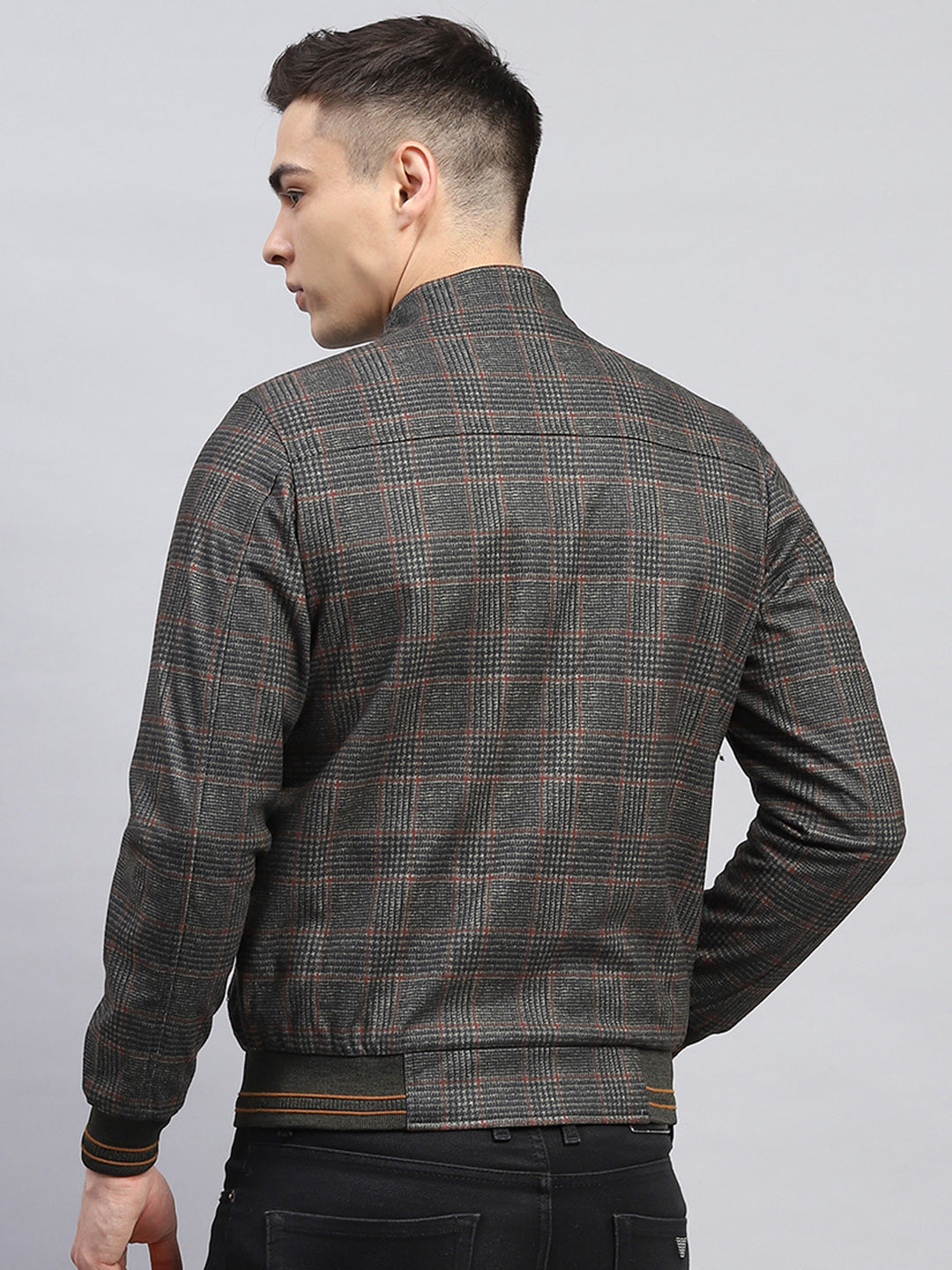 Men Olive Check Mock Neck Full Sleeve Jacket