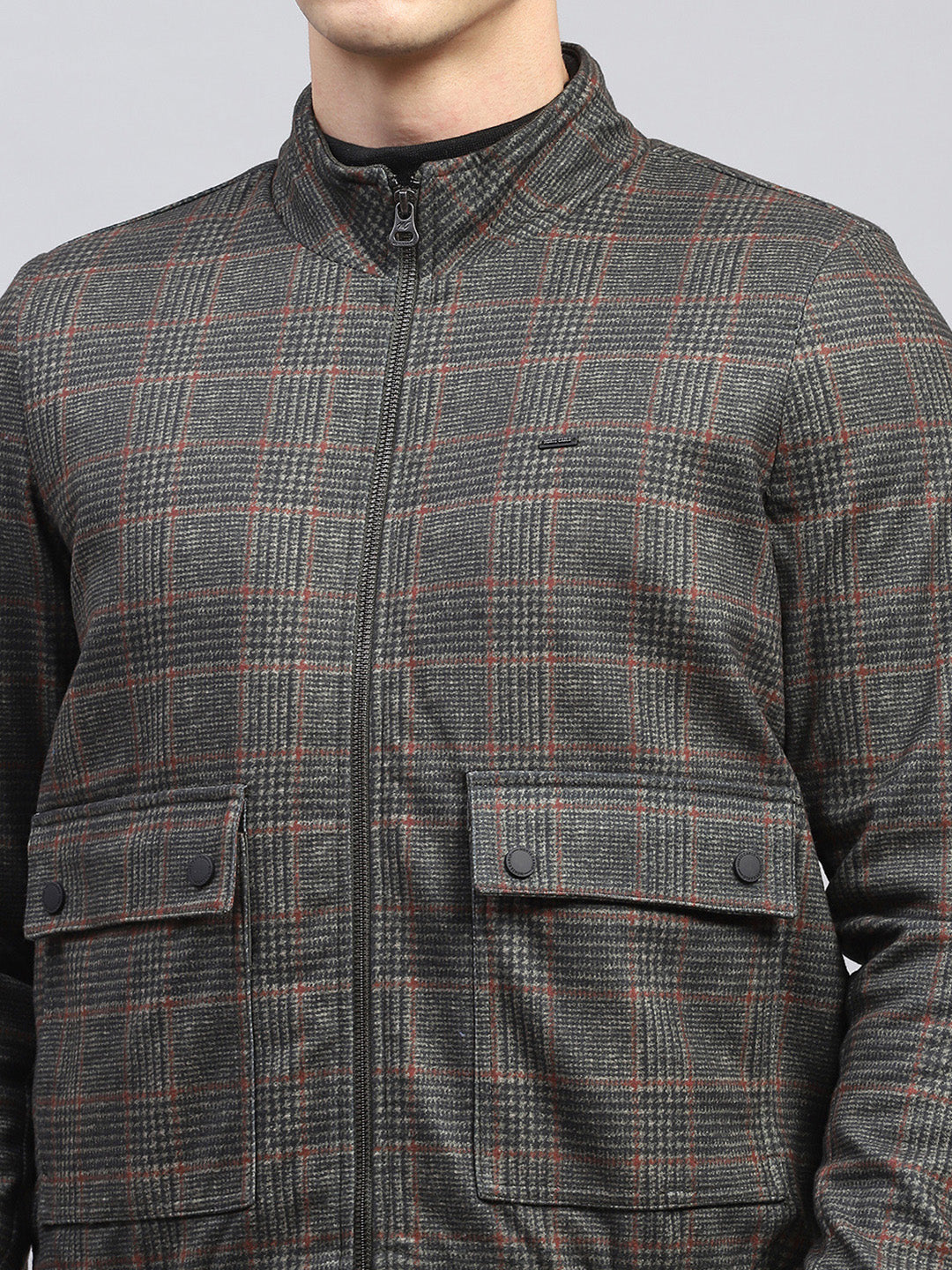 Men Olive Check Mock Neck Full Sleeve Jacket