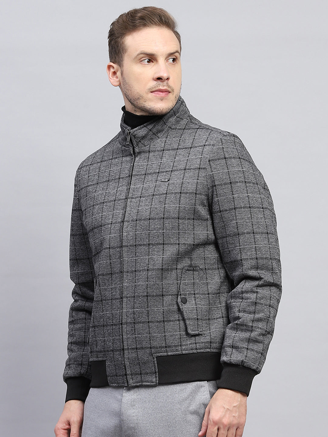 Men Grey Check Mock Neck Full Sleeve Coat