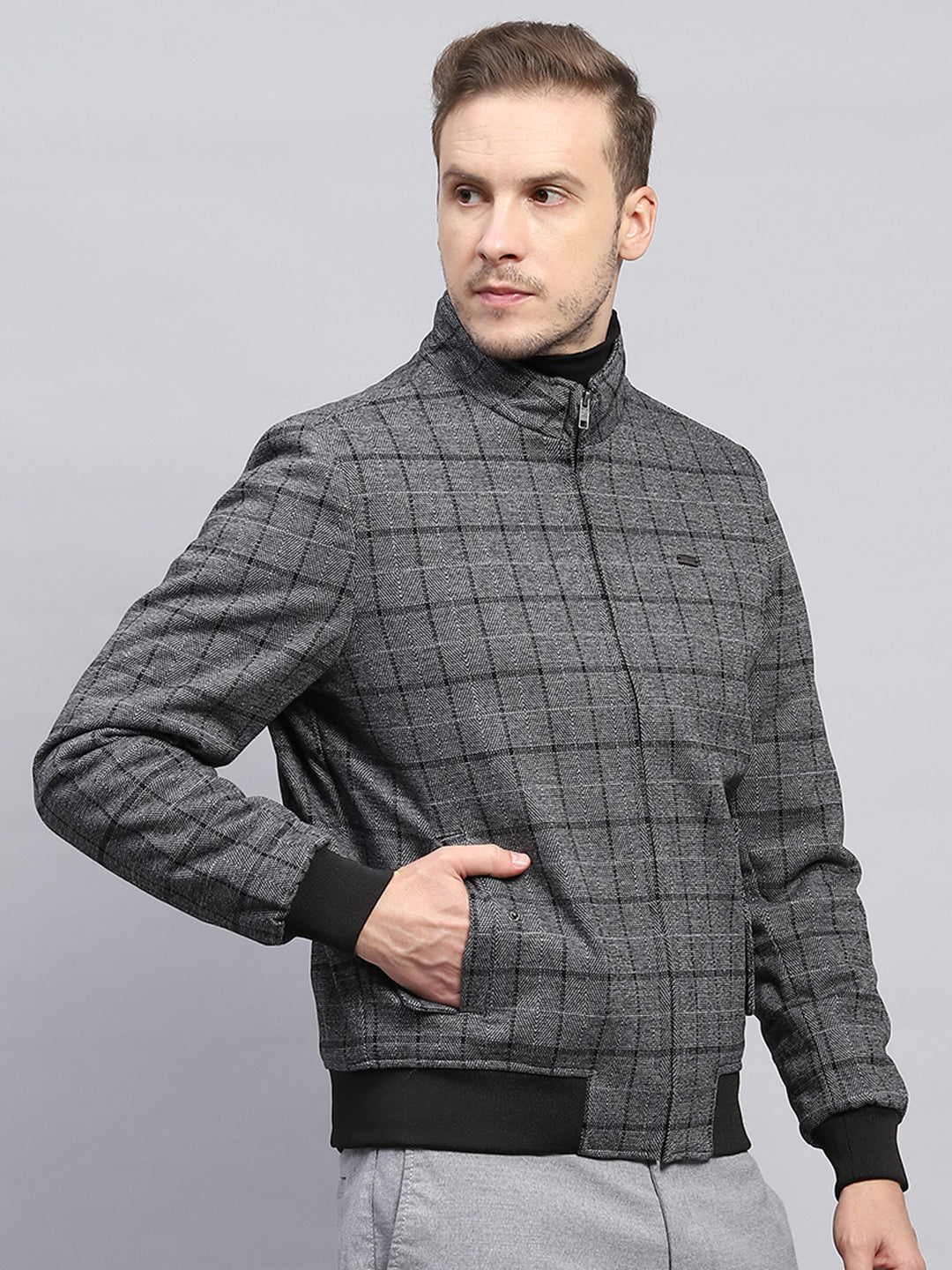 Men Grey Check Mock Neck Full Sleeve Coat