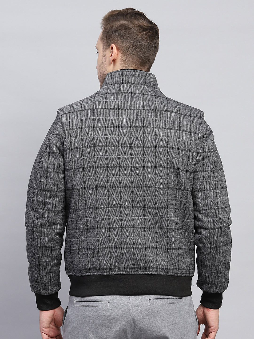 Men Grey Check Mock Neck Full Sleeve Coat