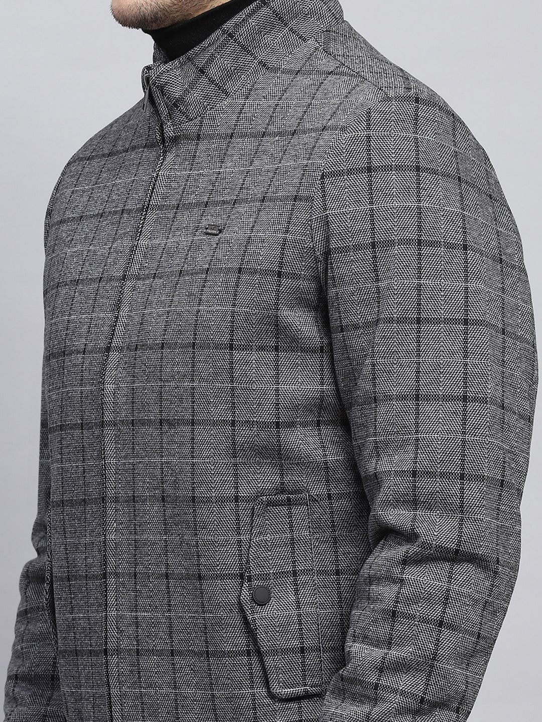 Men Grey Check Mock Neck Full Sleeve Coat