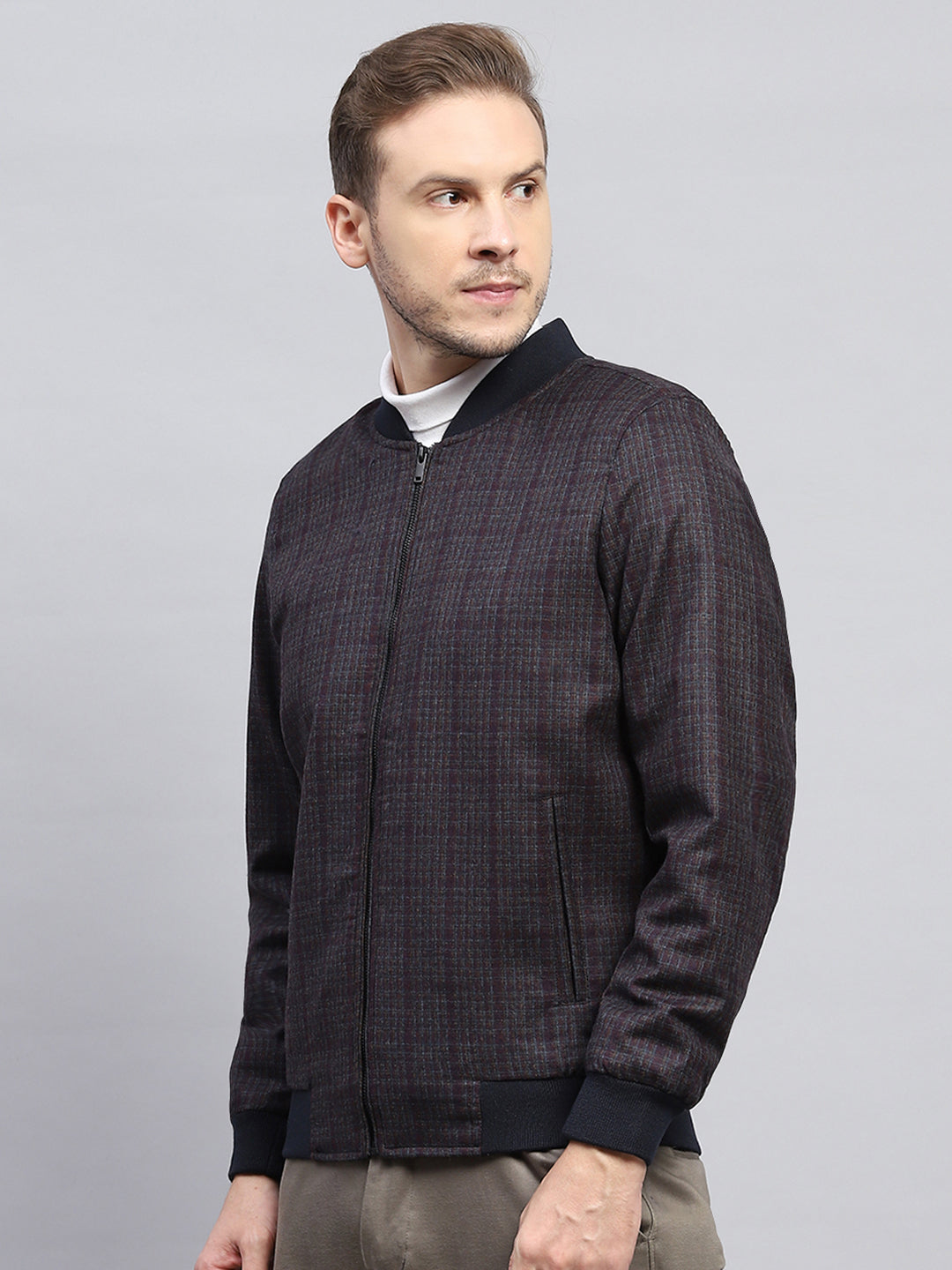 Men Maroon Check Round Neck Full Sleeve Coat