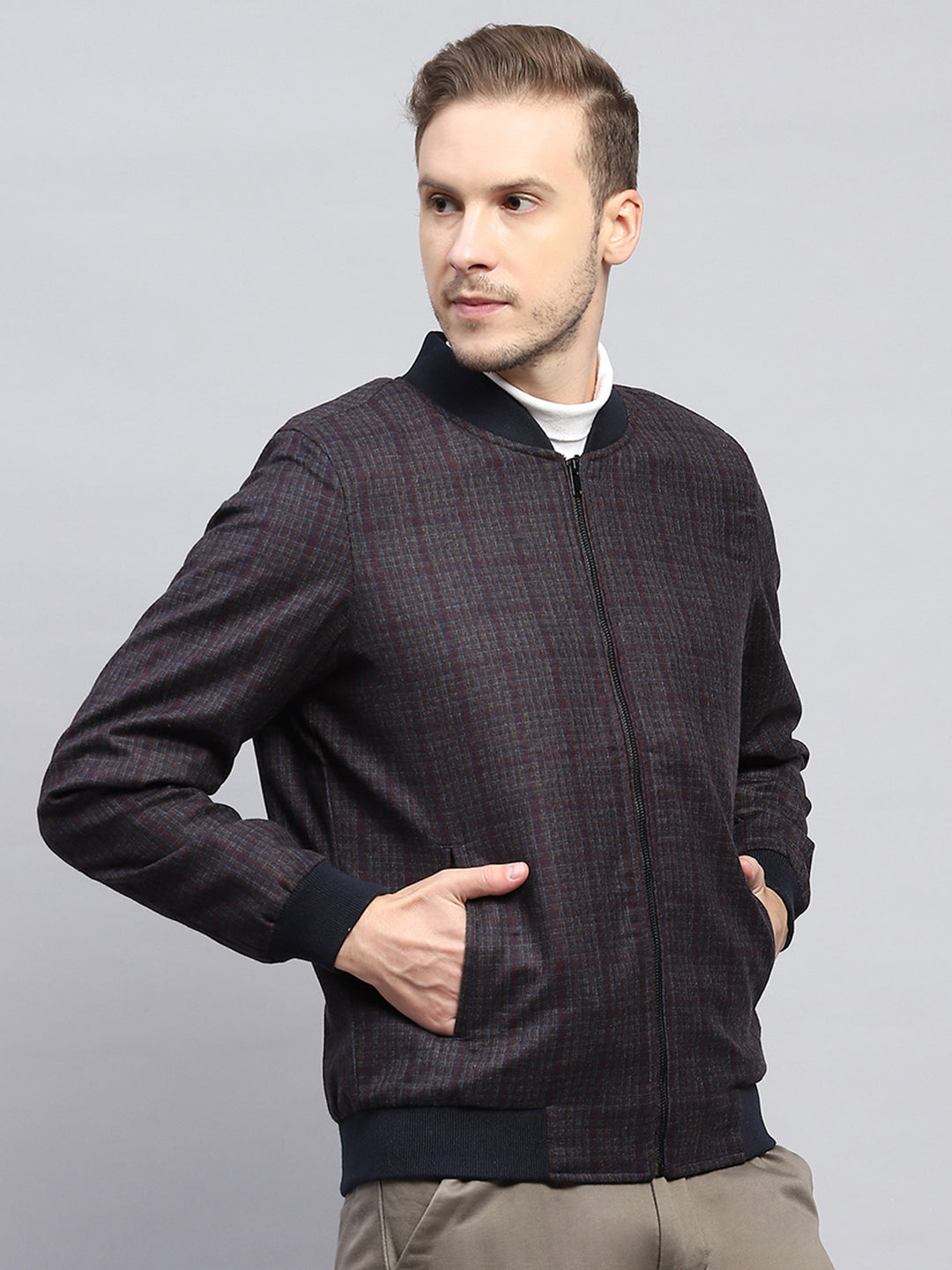 Men Maroon Check Round Neck Full Sleeve Coat