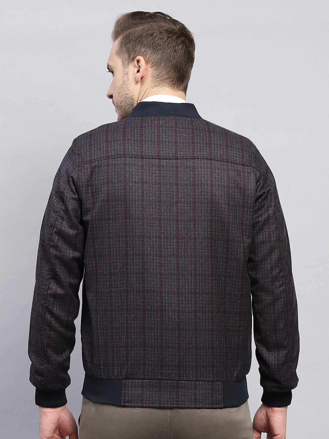 Men Maroon Check Round Neck Full Sleeve Coat