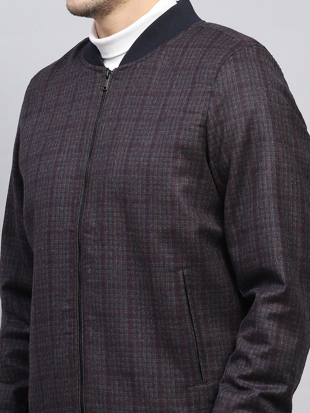 Men Maroon Check Round Neck Full Sleeve Coat