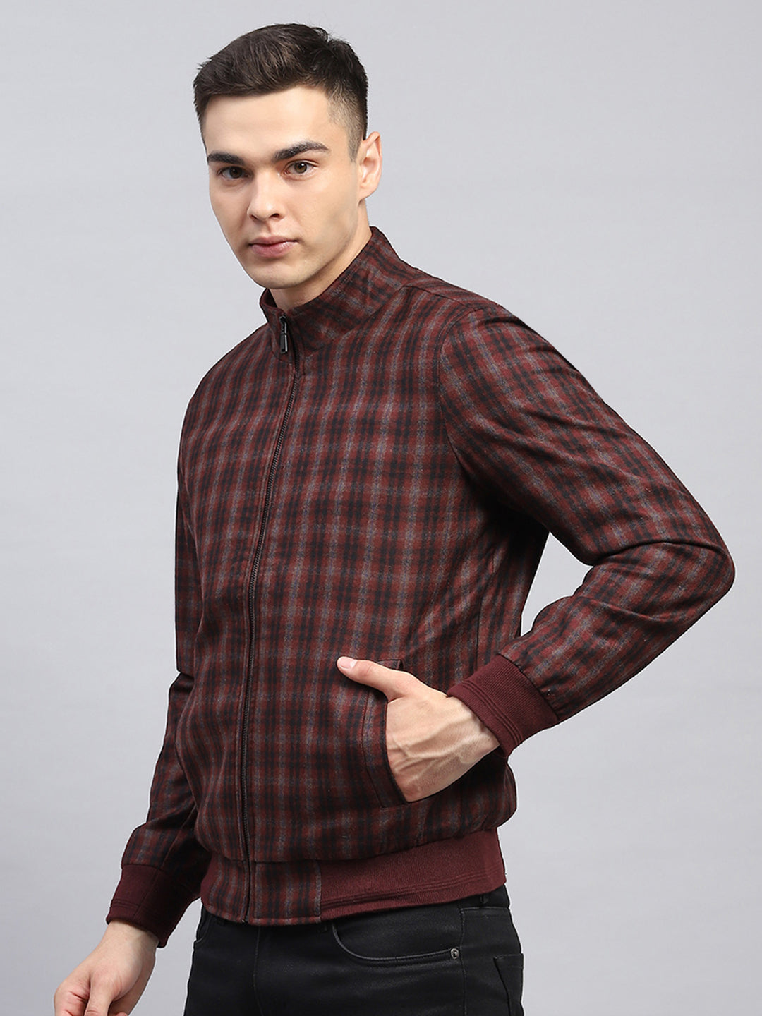 Men Maroon Check Mock Neck Full Sleeve Coat