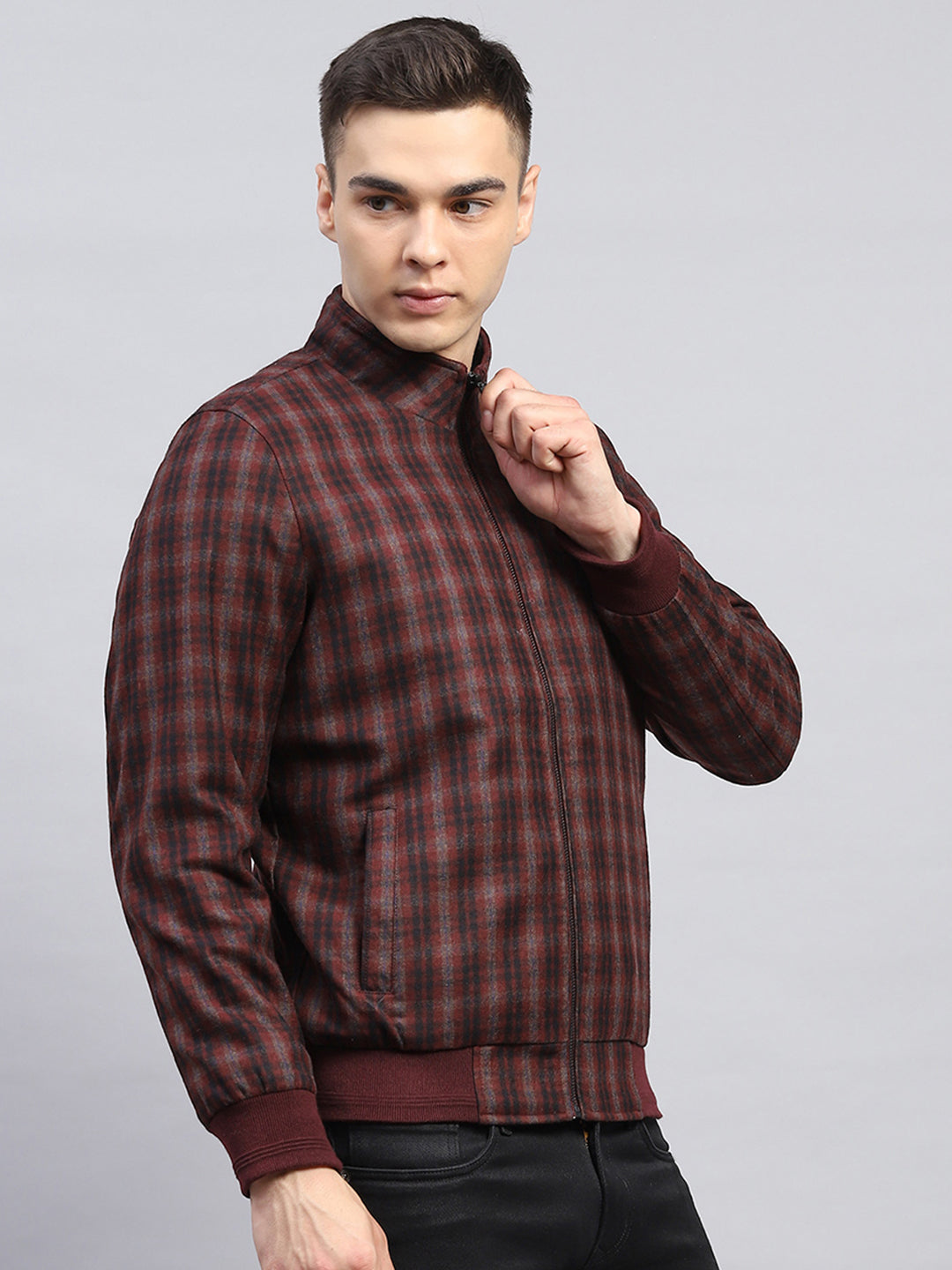 Men Maroon Check Mock Neck Full Sleeve Coat