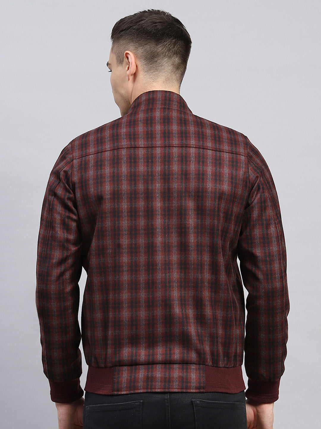 Men Maroon Check Mock Neck Full Sleeve Coat