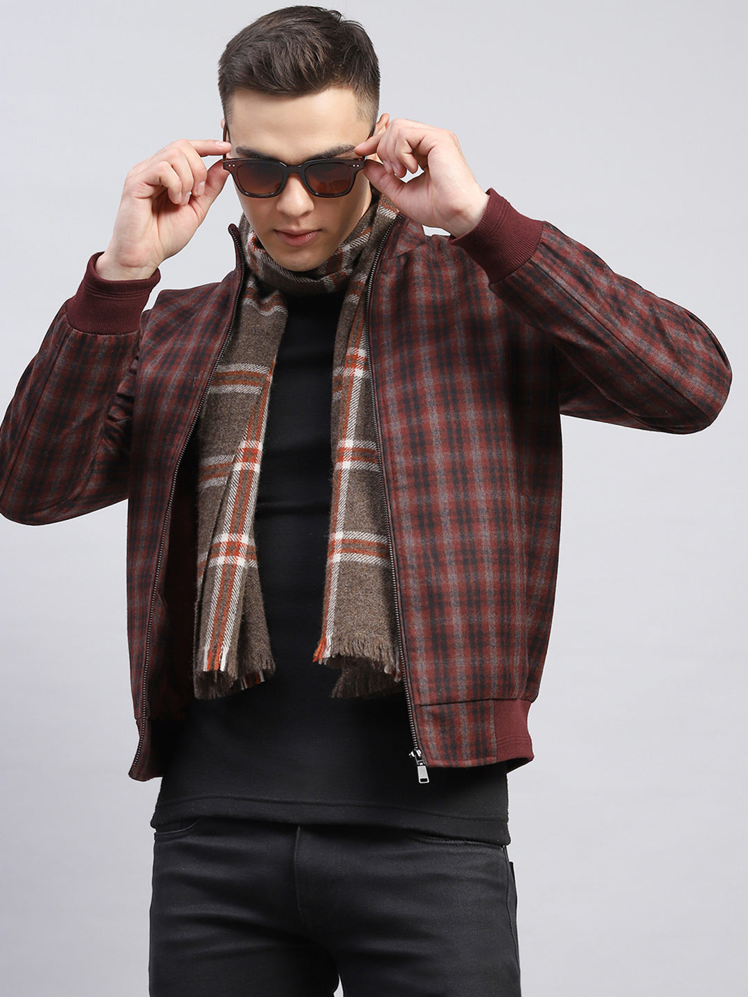 Men Maroon Check Mock Neck Full Sleeve Coat