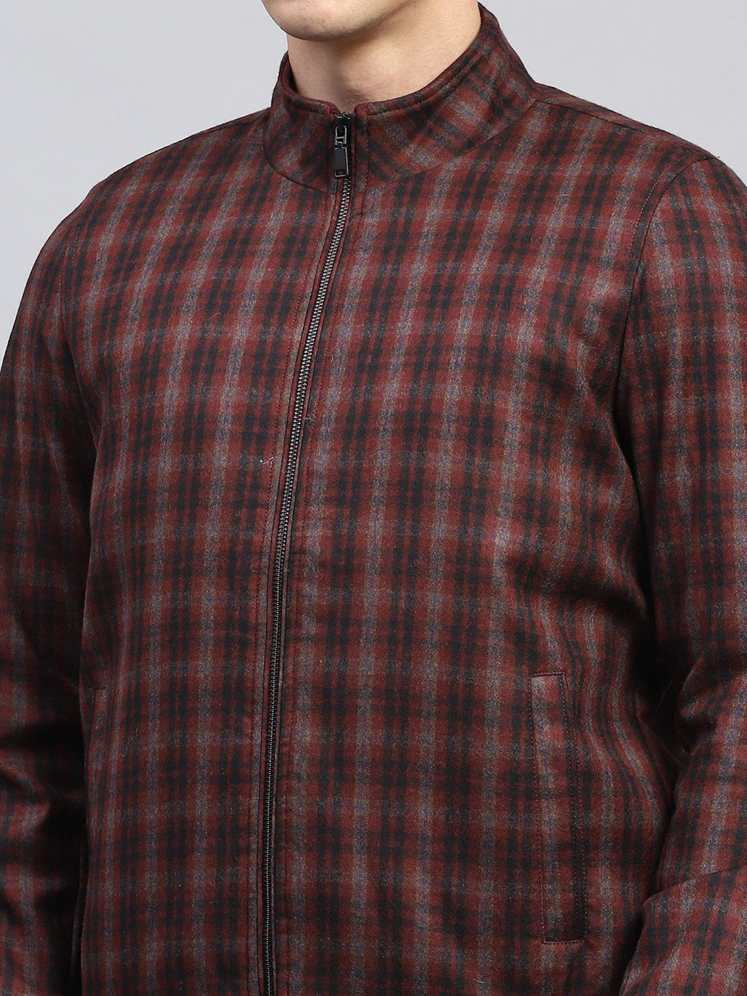 Men Maroon Check Mock Neck Full Sleeve Coat