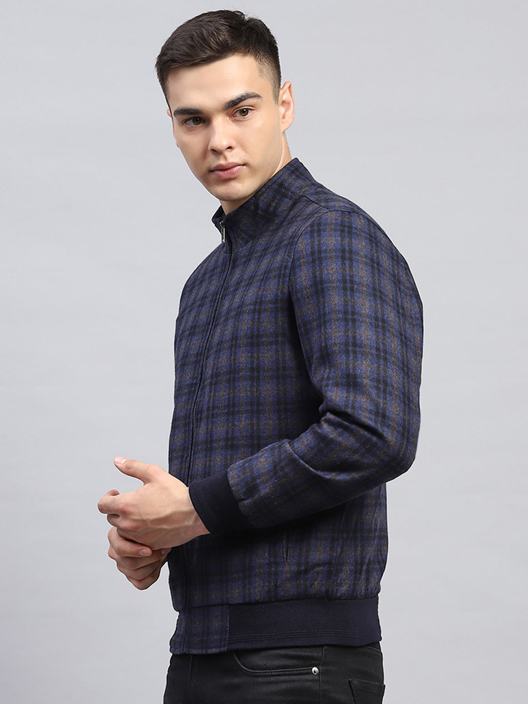 Men Blue Check Mock Neck Full Sleeve Coat