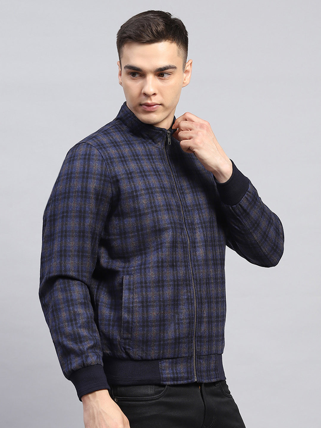 Men Blue Check Mock Neck Full Sleeve Coat