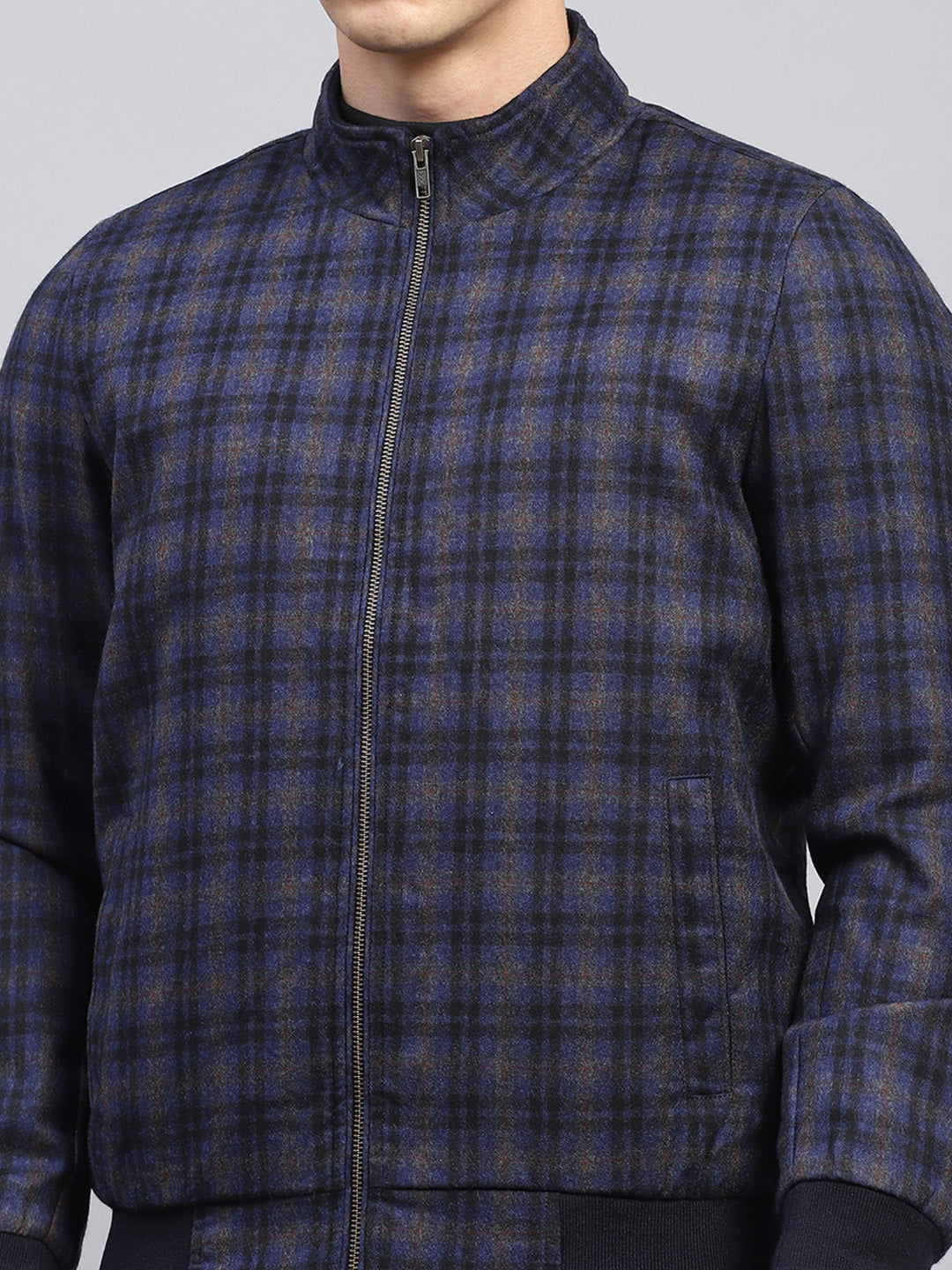 Men Blue Check Mock Neck Full Sleeve Coat