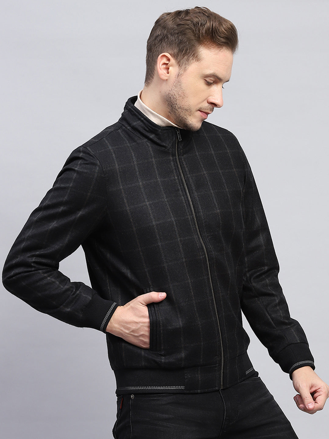 Men Black Check Mock Neck Full Sleeve Coat