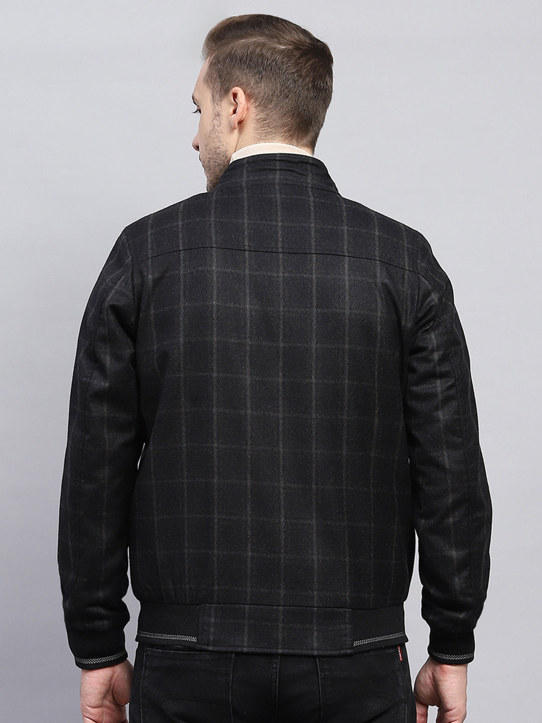 Men Black Check Mock Neck Full Sleeve Coat