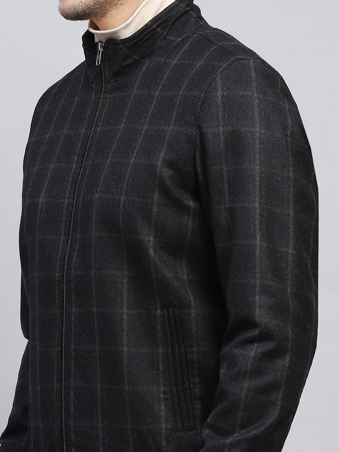 Men Black Check Mock Neck Full Sleeve Coat