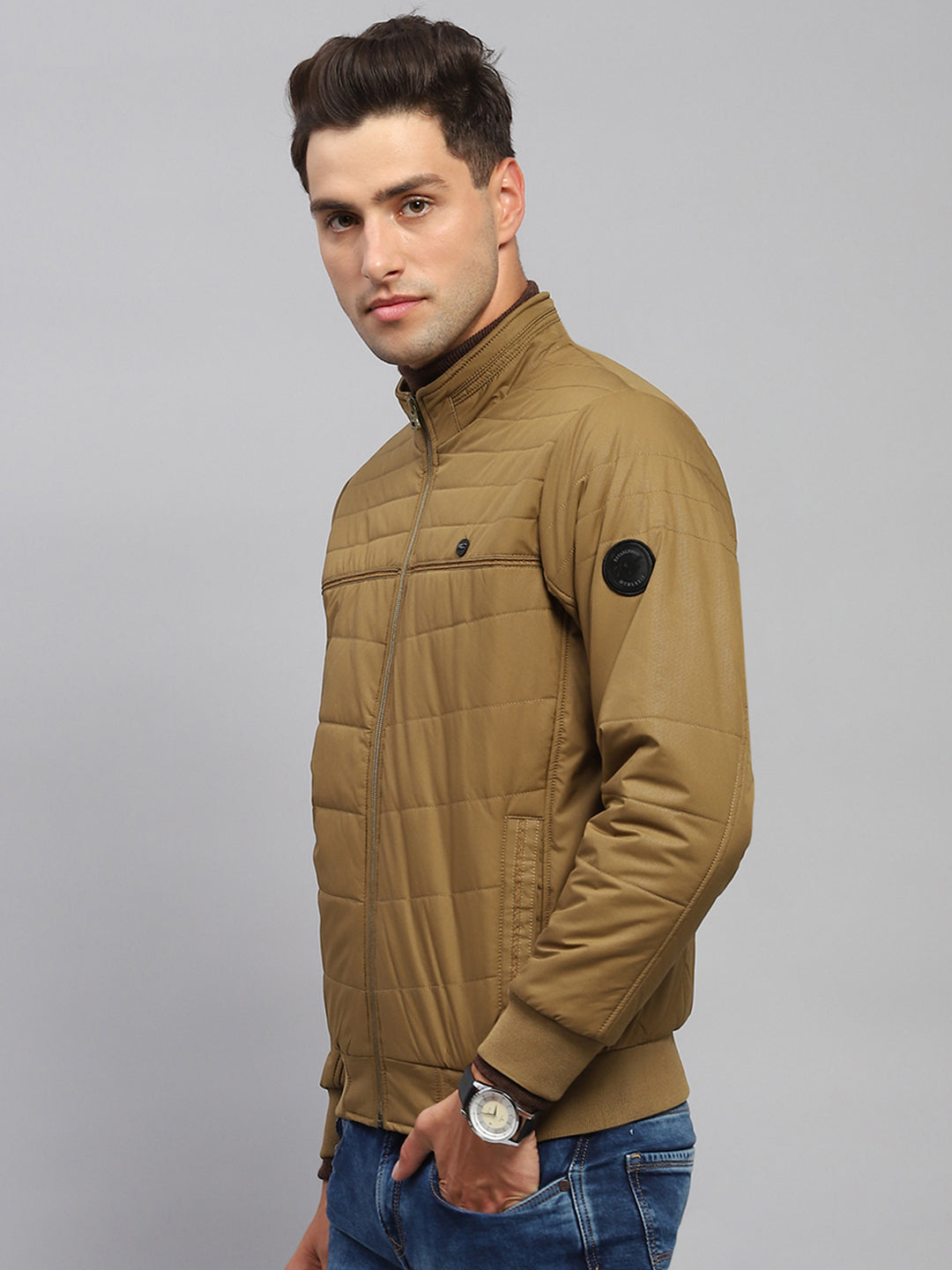 Men Khaki Solid Mock Neck Full Sleeve Jacket