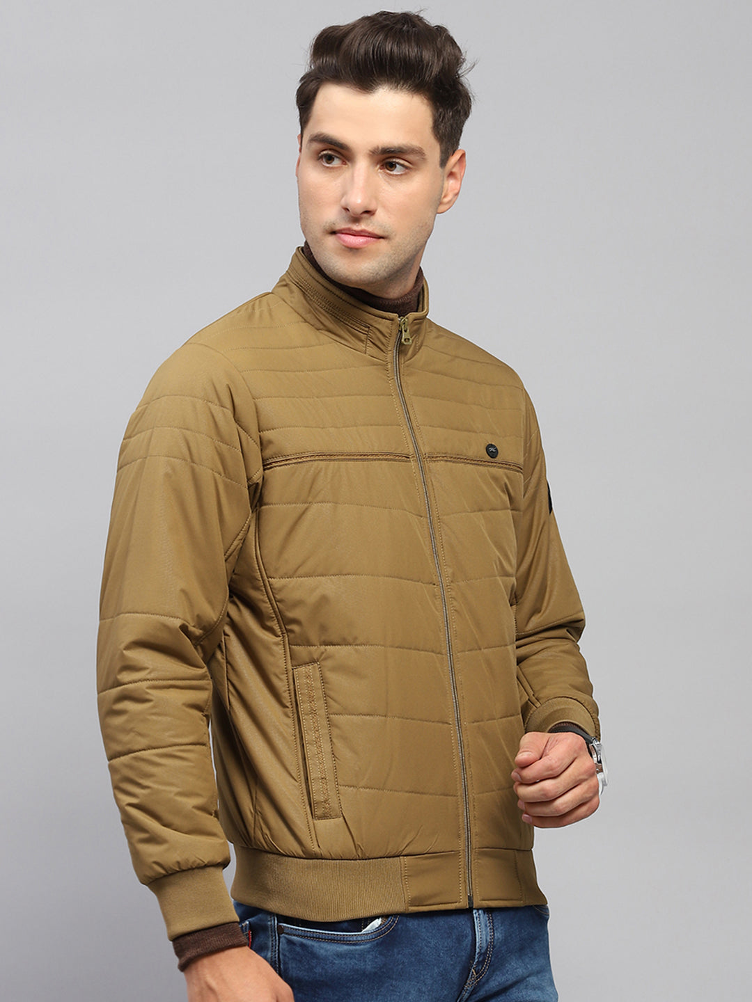 Men Khaki Solid Mock Neck Full Sleeve Jacket