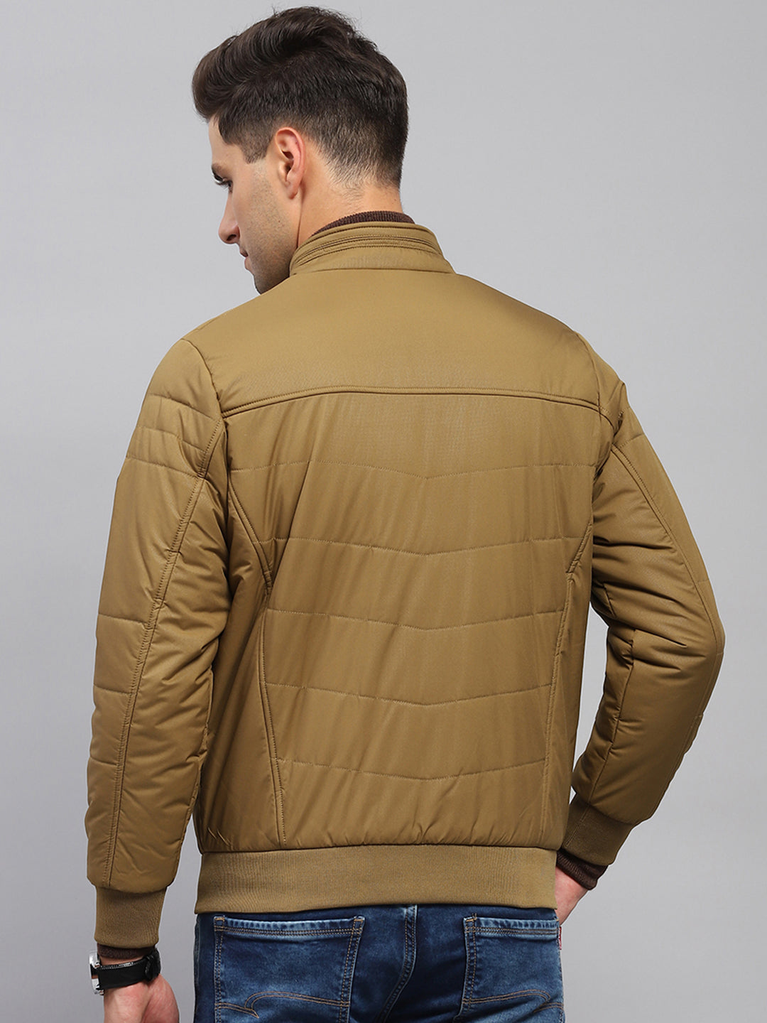 Men Khaki Solid Mock Neck Full Sleeve Jacket