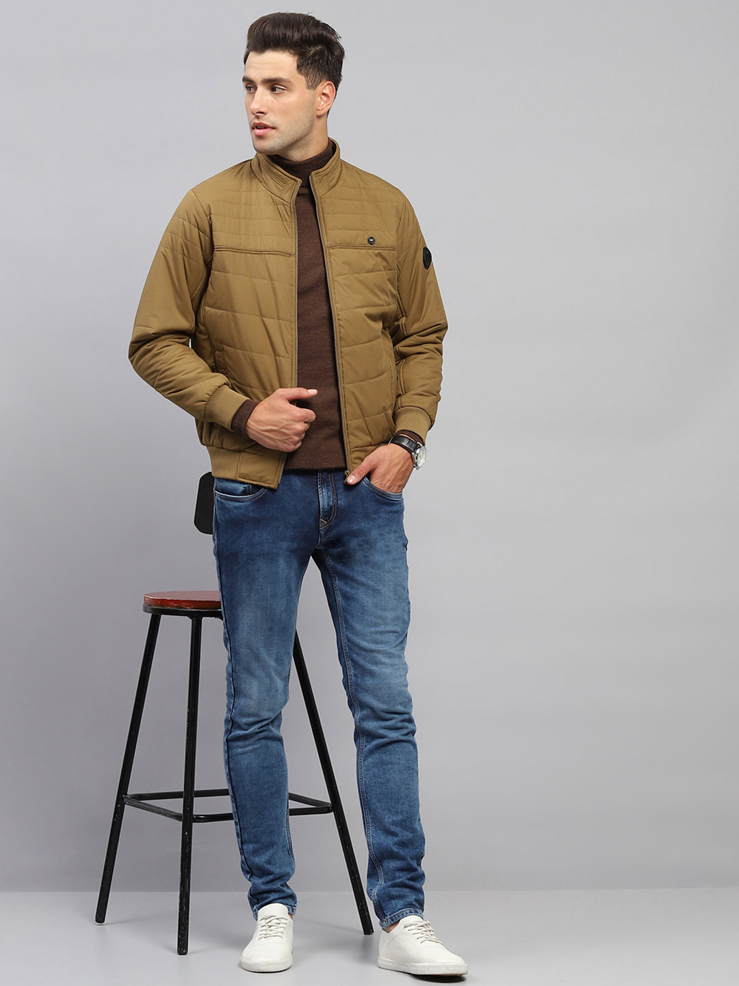 Men Khaki Solid Mock Neck Full Sleeve Jacket