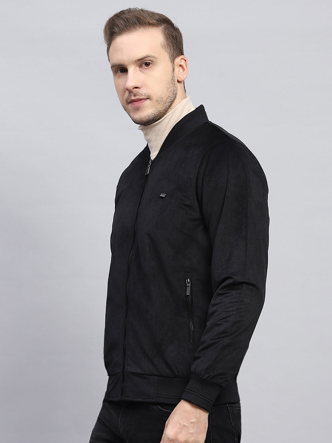 Men Black Solid Mock Neck Full Sleeve Jacket