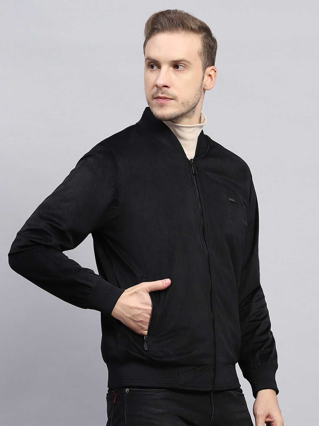 Men Black Solid Mock Neck Full Sleeve Jacket