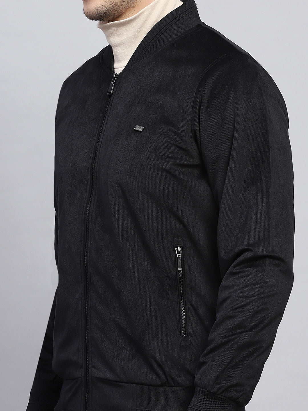 Men Black Solid Mock Neck Full Sleeve Jacket