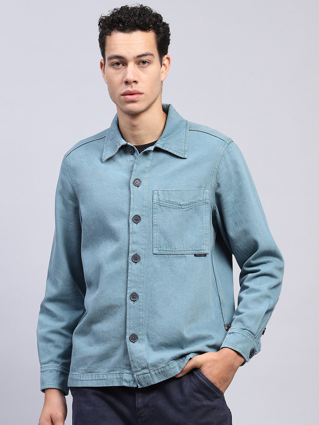 Men Teal Blue Solid Collar Full Sleeve Shirt