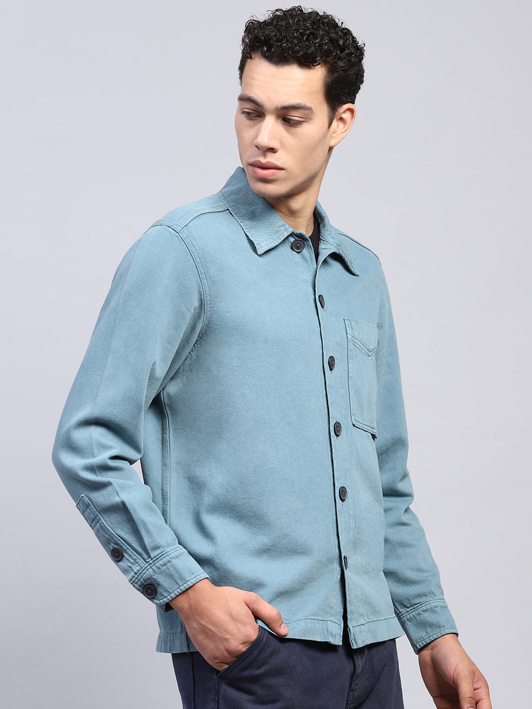 Men Teal Blue Solid Collar Full Sleeve Shirt