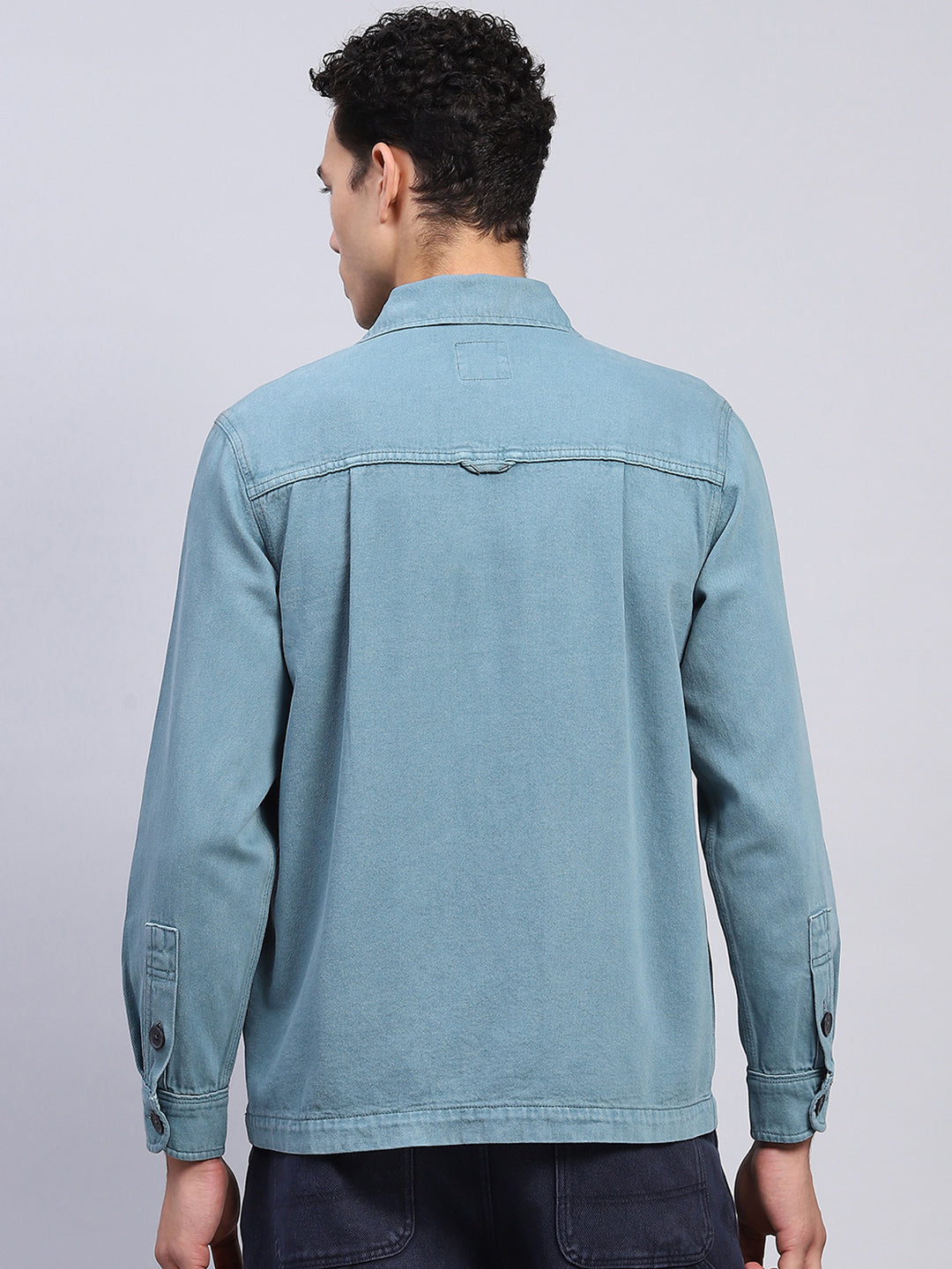 Men Teal Blue Solid Collar Full Sleeve Shirt