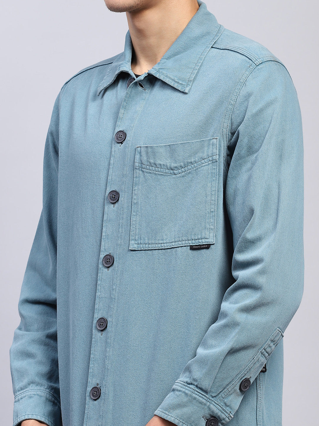 Men Teal Blue Solid Collar Full Sleeve Shirt