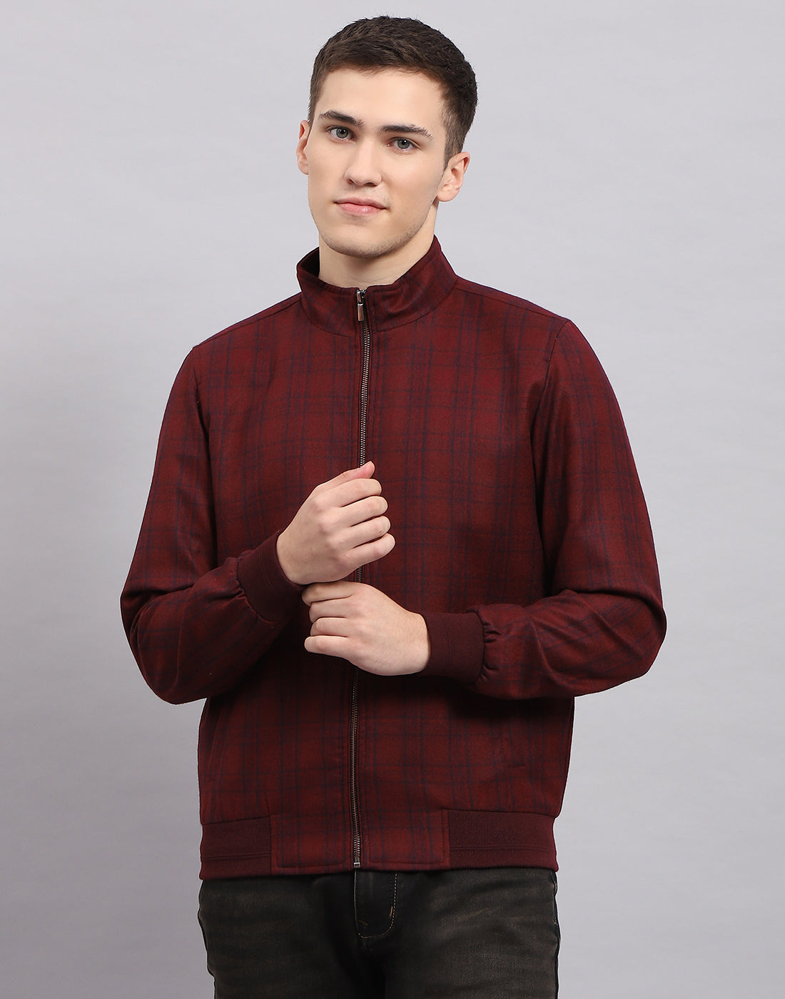 Men Maroon Check Band Collar Full Sleeve Jacket