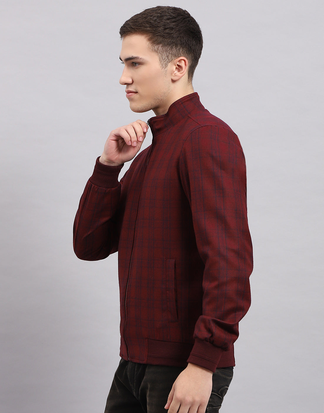 Men Maroon Check Band Collar Full Sleeve Jacket