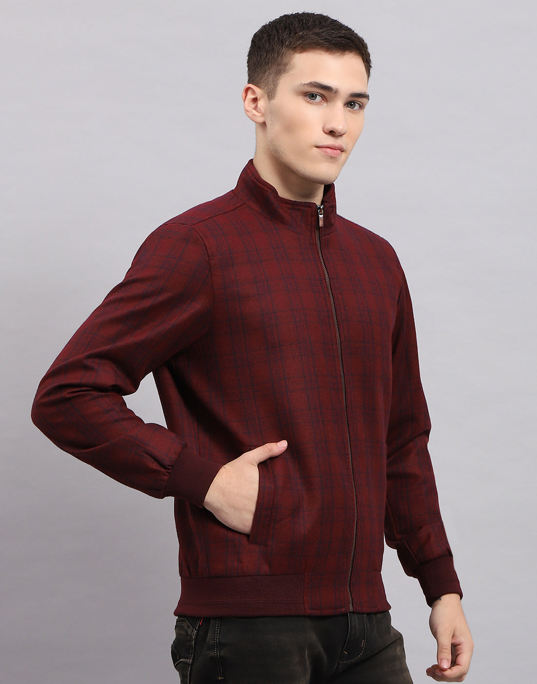 Men Maroon Check Band Collar Full Sleeve Jacket