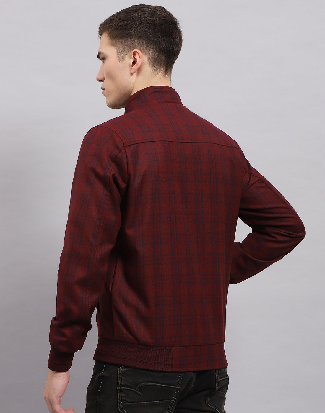 Men Maroon Check Band Collar Full Sleeve Jacket