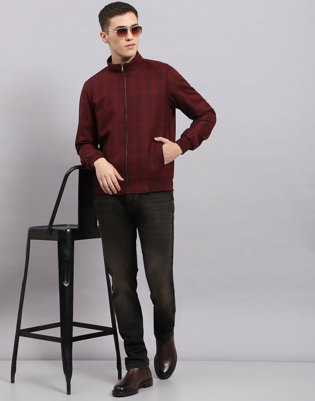 Men Maroon Check Band Collar Full Sleeve Jacket