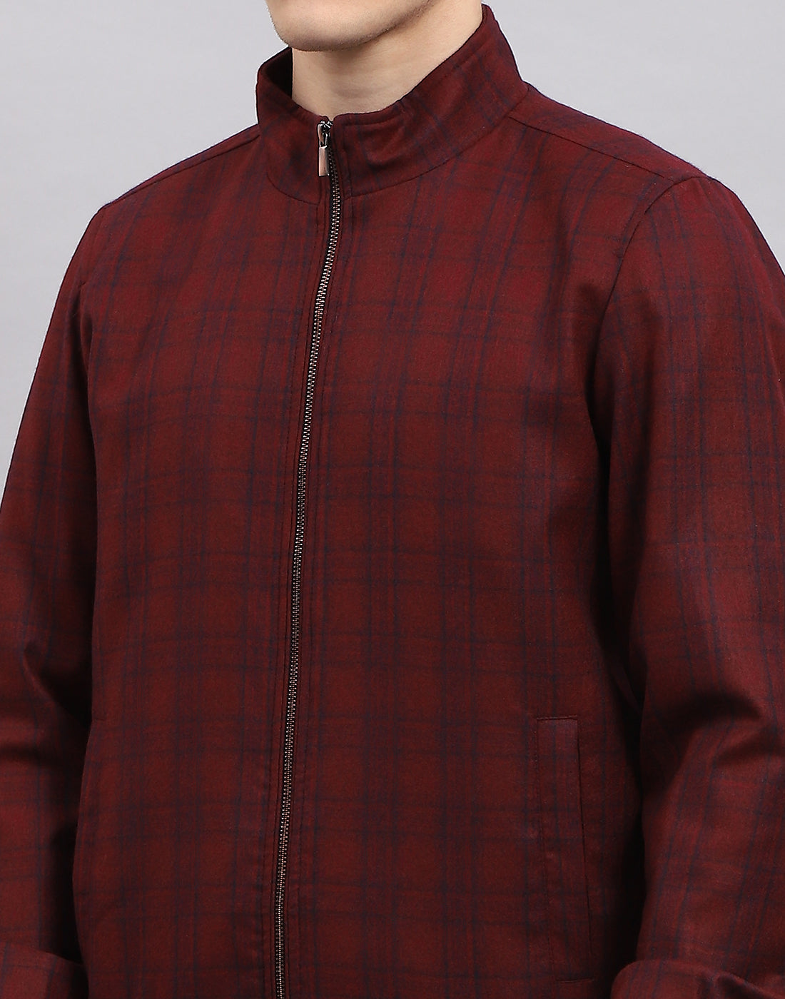 Men Maroon Check Band Collar Full Sleeve Jacket