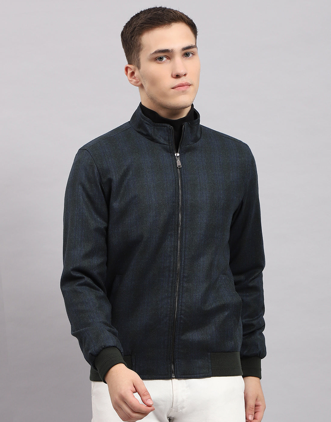 Men Navy Blue Check Band Collar Full Sleeve Jacket