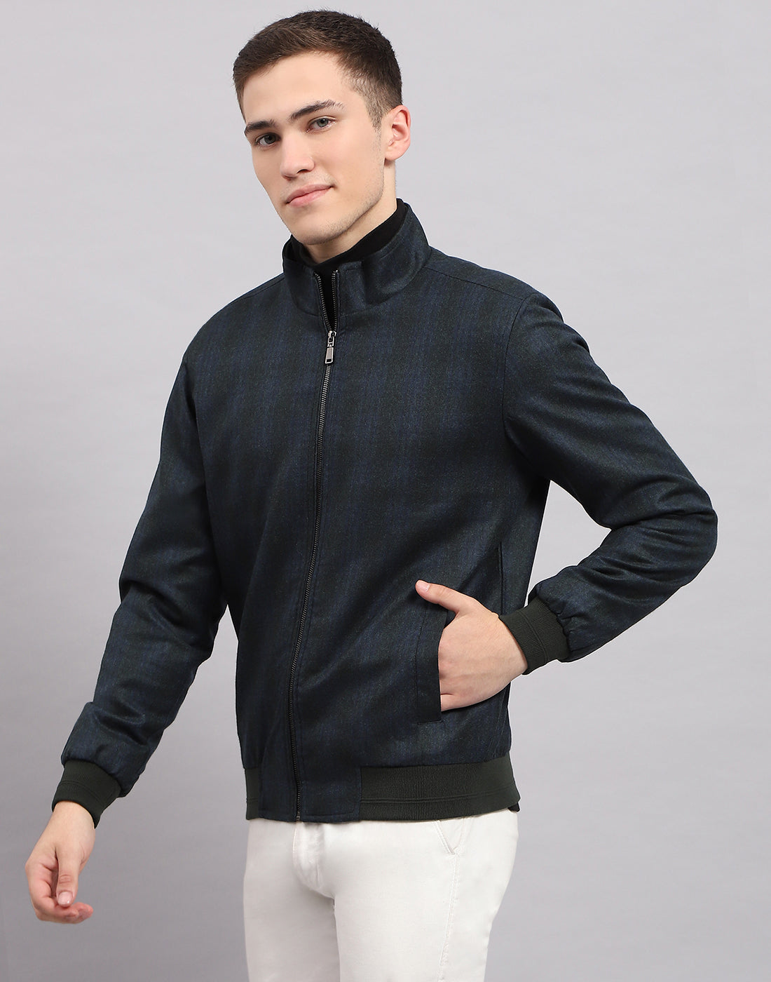 Men Navy Blue Check Band Collar Full Sleeve Jacket