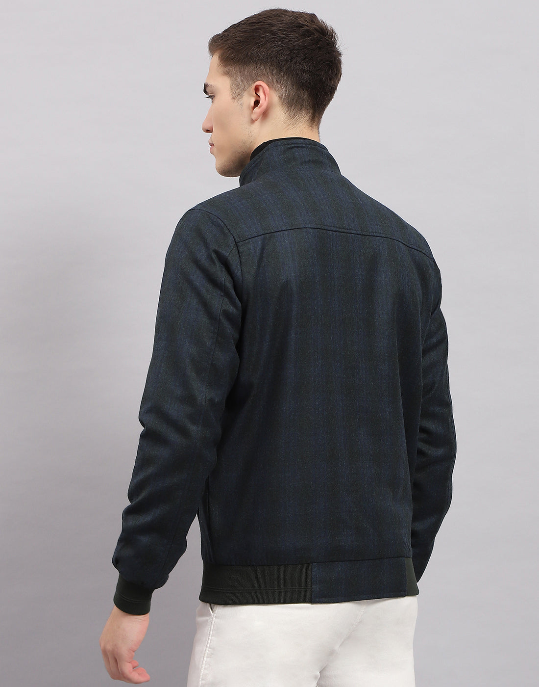 Men Navy Blue Check Band Collar Full Sleeve Jacket