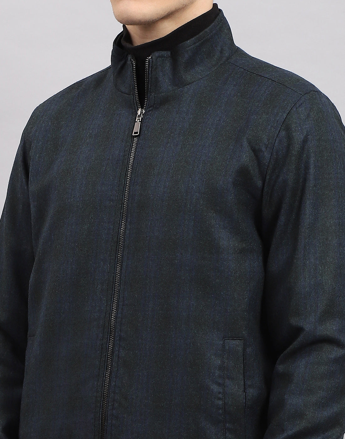 Men Navy Blue Check Band Collar Full Sleeve Jacket