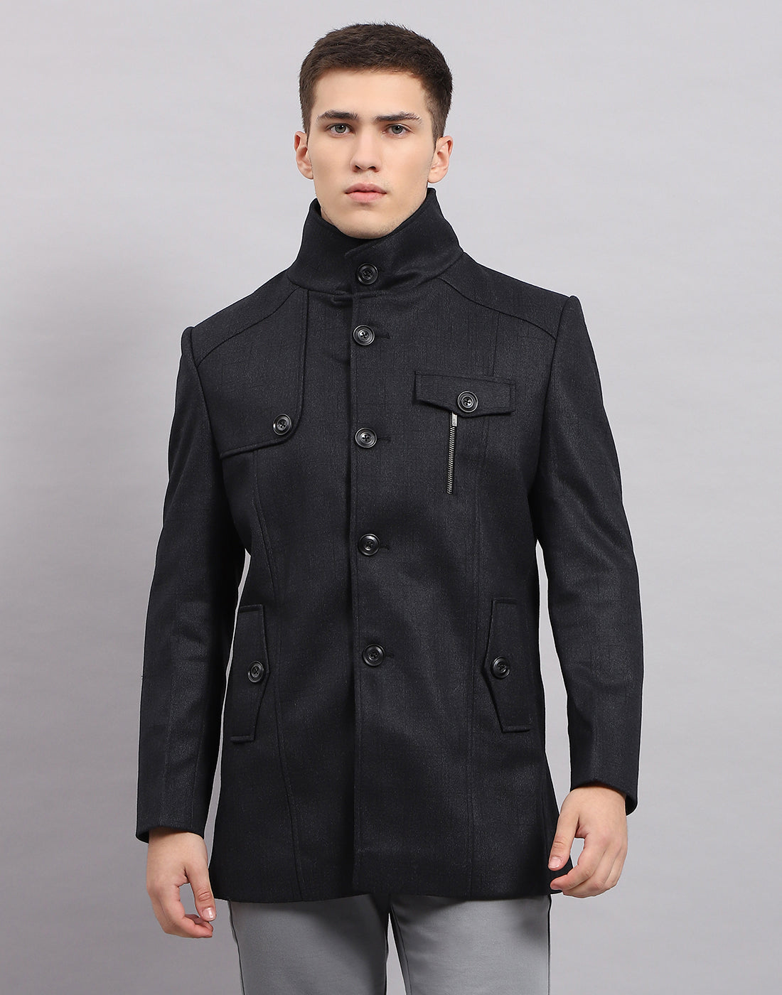 Men Navy Blue Self Design Band Collar Full Sleeve Coat