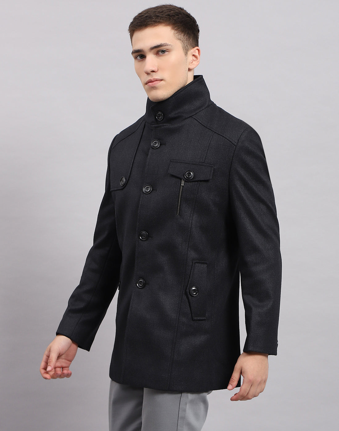 Men Navy Blue Self Design Band Collar Full Sleeve Coat